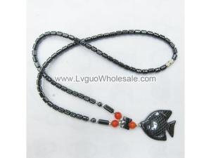 Orange Cat's Eye Opal Hematite Fish Pendant Healing Necklace